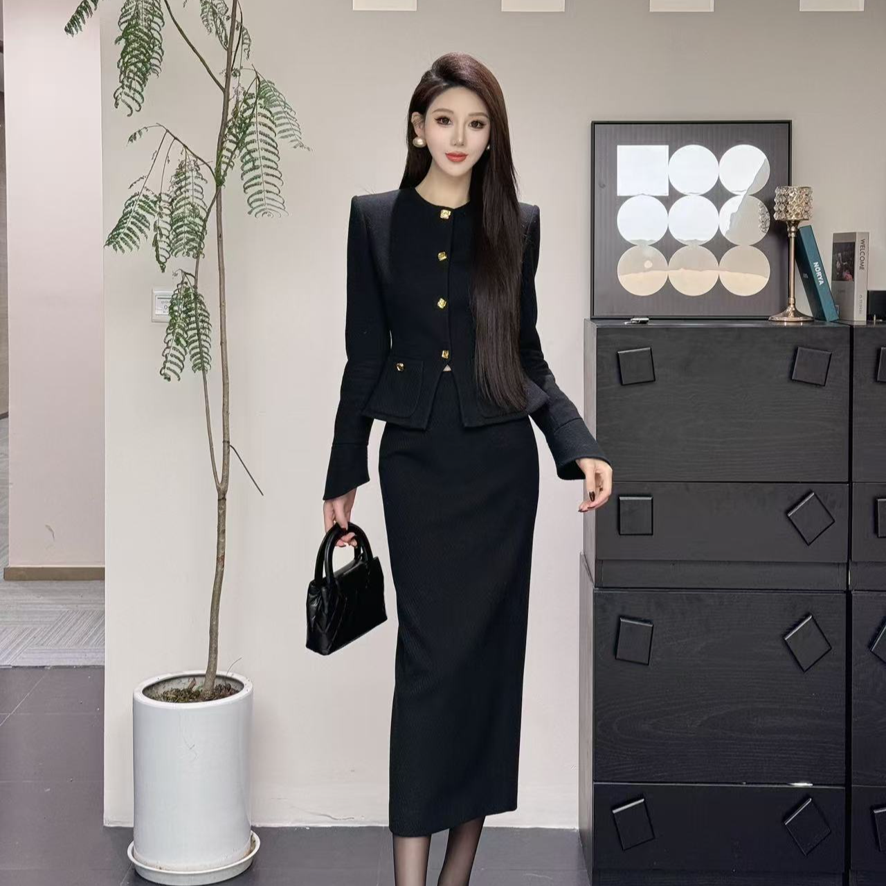 时尚洋气黑色气质秋冬显瘦女神范针织包臀时尚套装T24953+24953-1