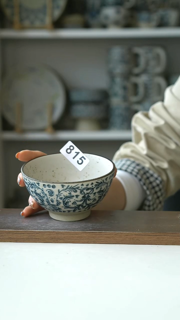 陶瑕815粗陶手绘鸢尾花米饭碗12cm@7-7@