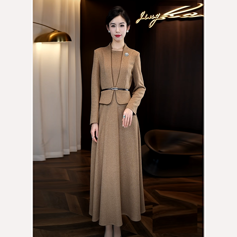 假两件加厚毛呢连衣裙女2025秋冬新款保暖修身长裙高级感穿搭裙子