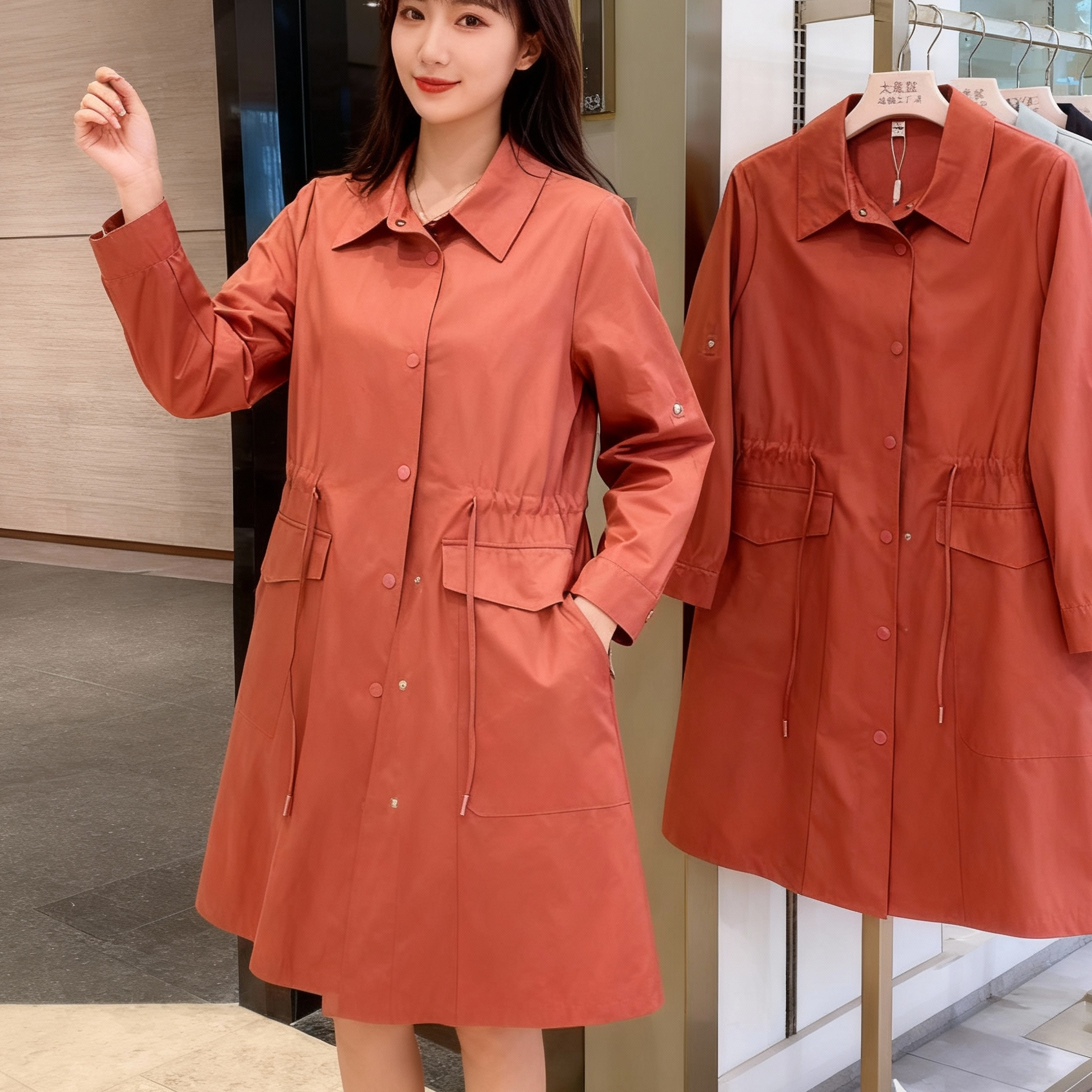 B004  秋季宽松简约气质通勤松紧腰抽绳不挑人百搭设计款风衣外套