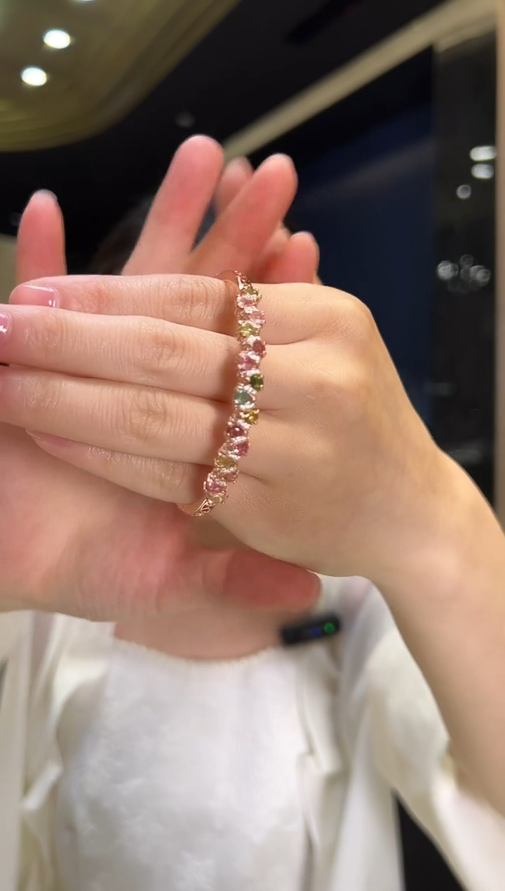 碧玺手镯银S925镶嵌22【多样性发一