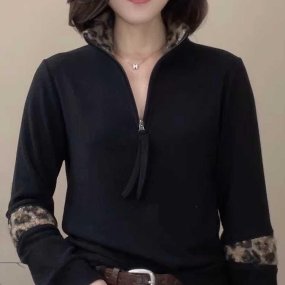 044#冬季德绒拼色豹纹拉链卫衣女士百搭长袖小衫气质显瘦打底衫女