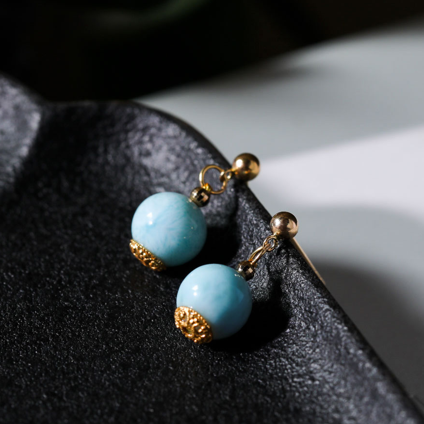 【意婵】《海风》精品天然海纹石转运珠18K金耳饰-910622