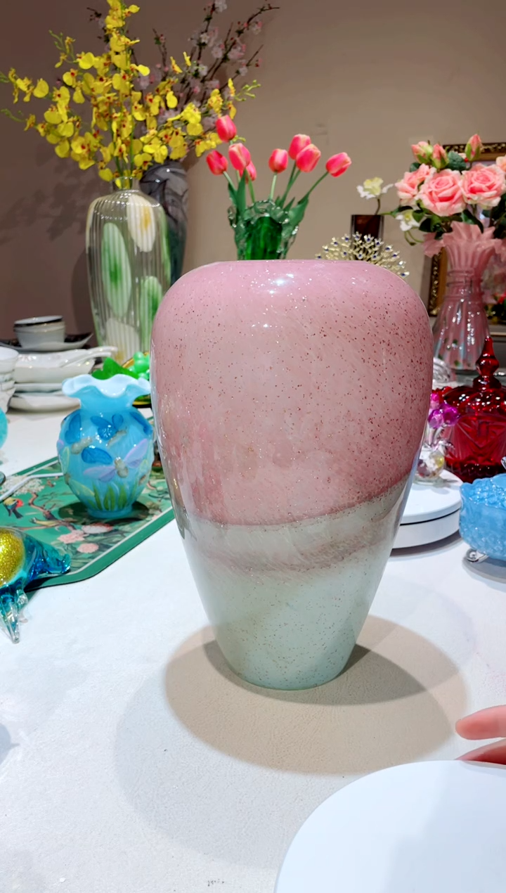 【闪购商品】琉璃手工艺品粉灰撒金水墨风花瓶 微瑕