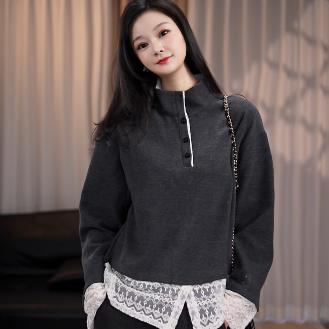拼接假两件秋冬季蕾丝长袖卫衣立领上衣打底单穿女装休闲时尚