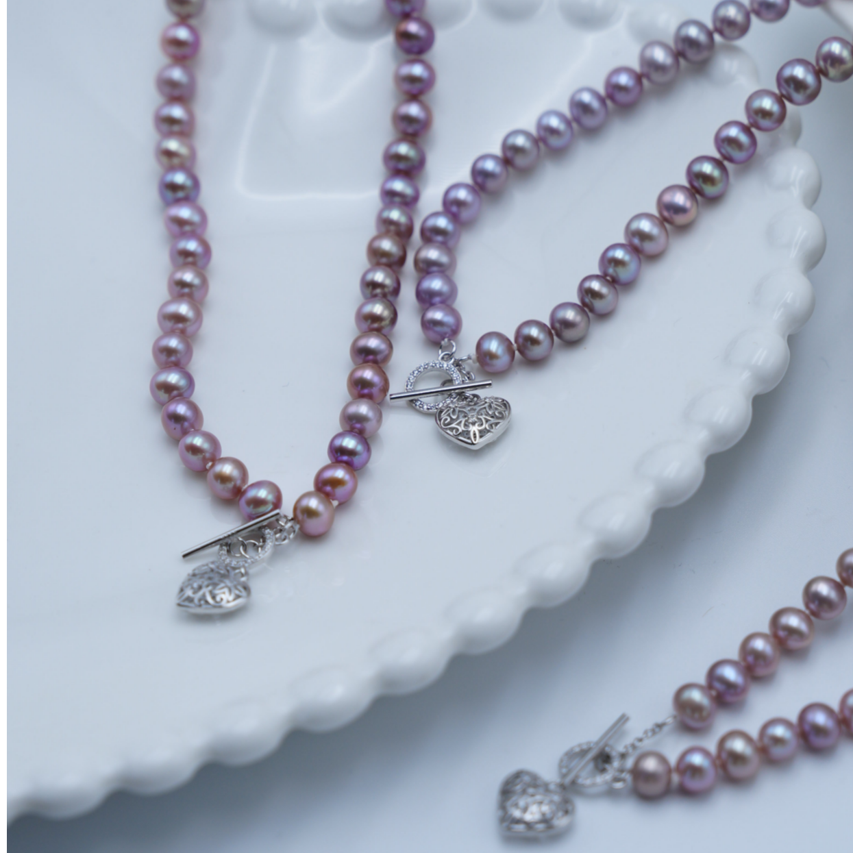 喜珠阁S925银/淡水无核珍珠/紫珠全珠链/爱心OT扣/多样性颜色