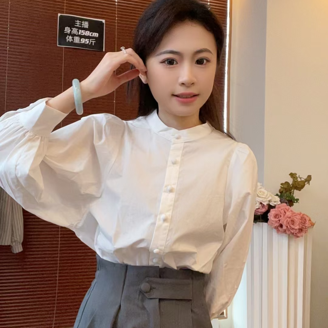 007春秋季2025新款法式复古圆领纯棉百搭宽松长袖白衬衫 女