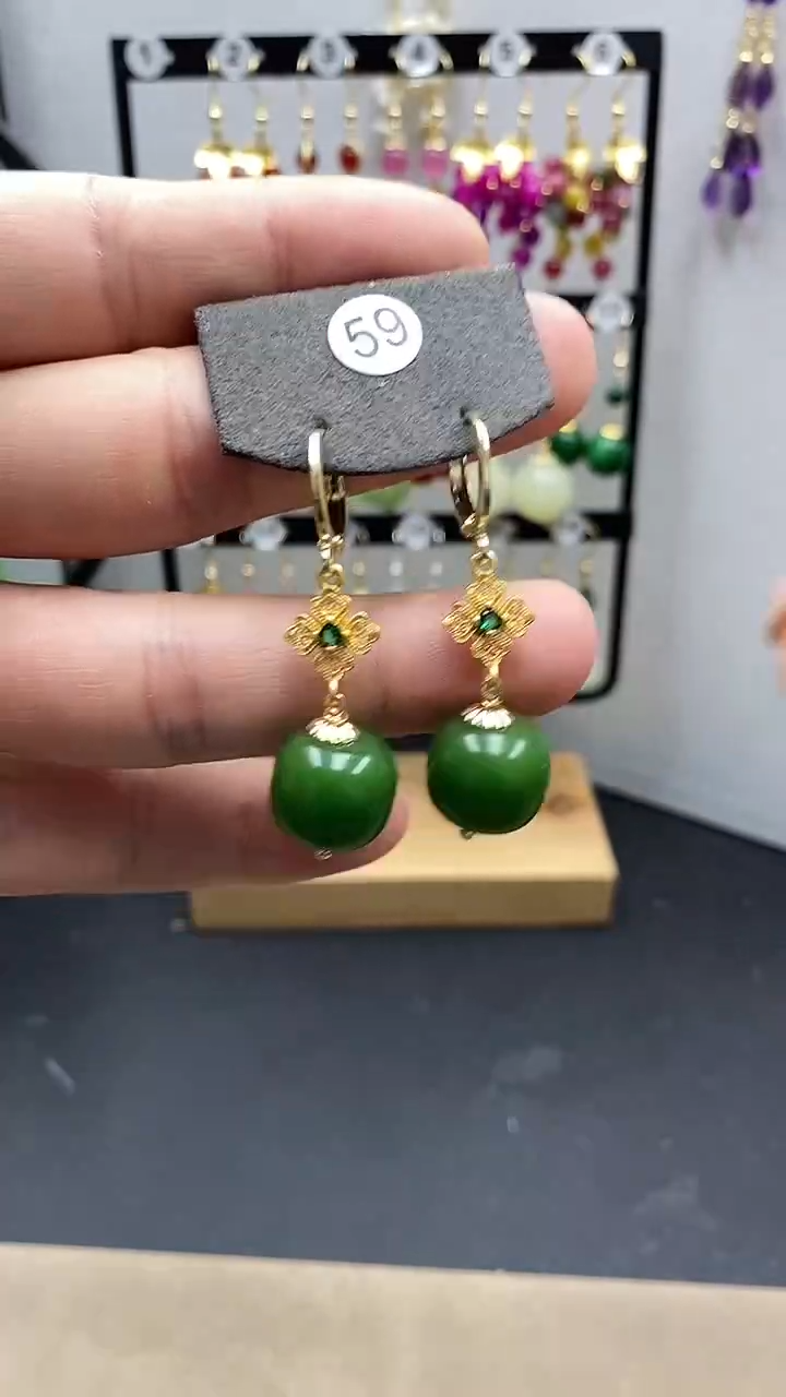 【闪购商品】和田玉耳饰银S925镀金镶嵌尺寸14mm桶珠Z