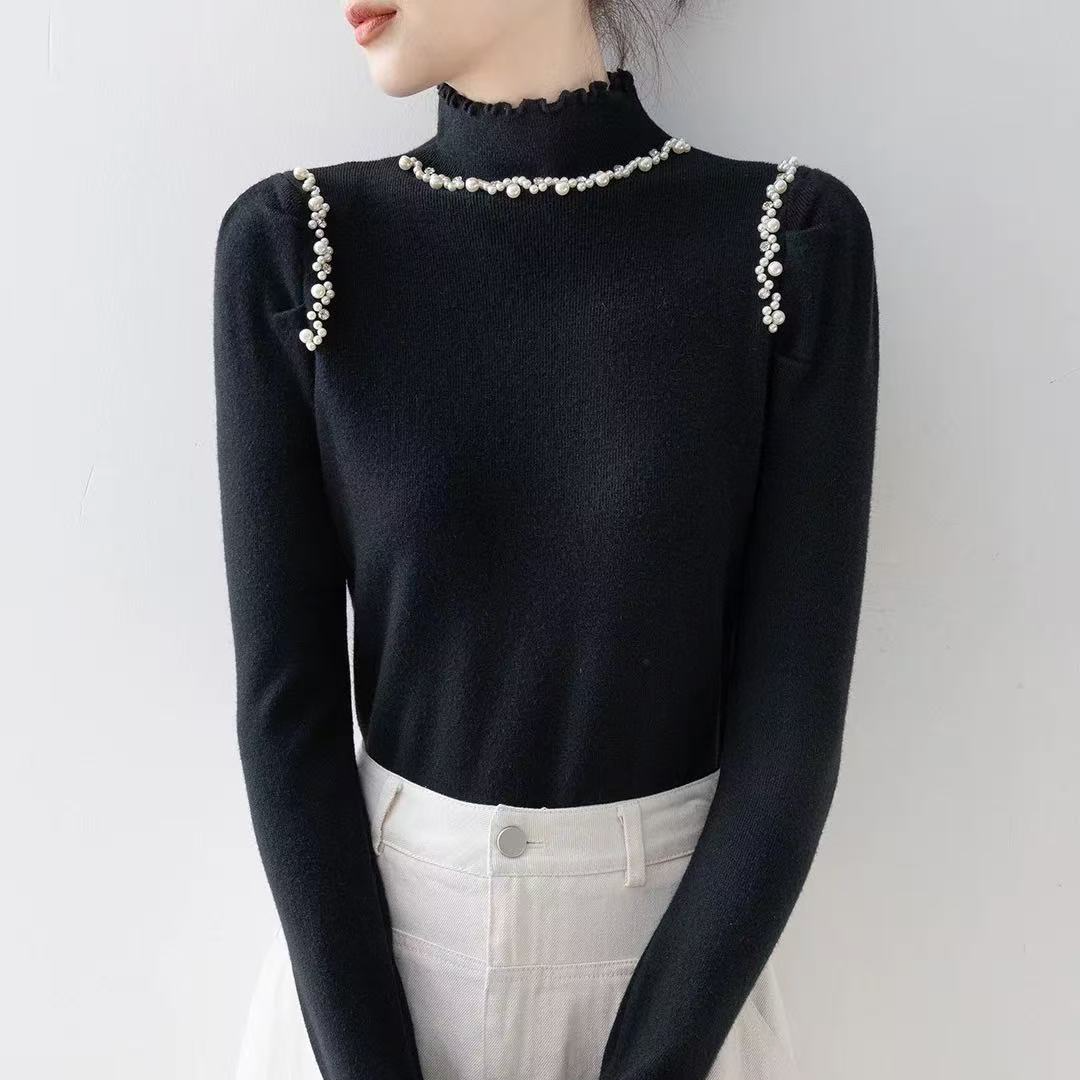 秋冬半高领时尚串珠打底针织衫百搭减龄设计款纯色荷叶边女毛衣