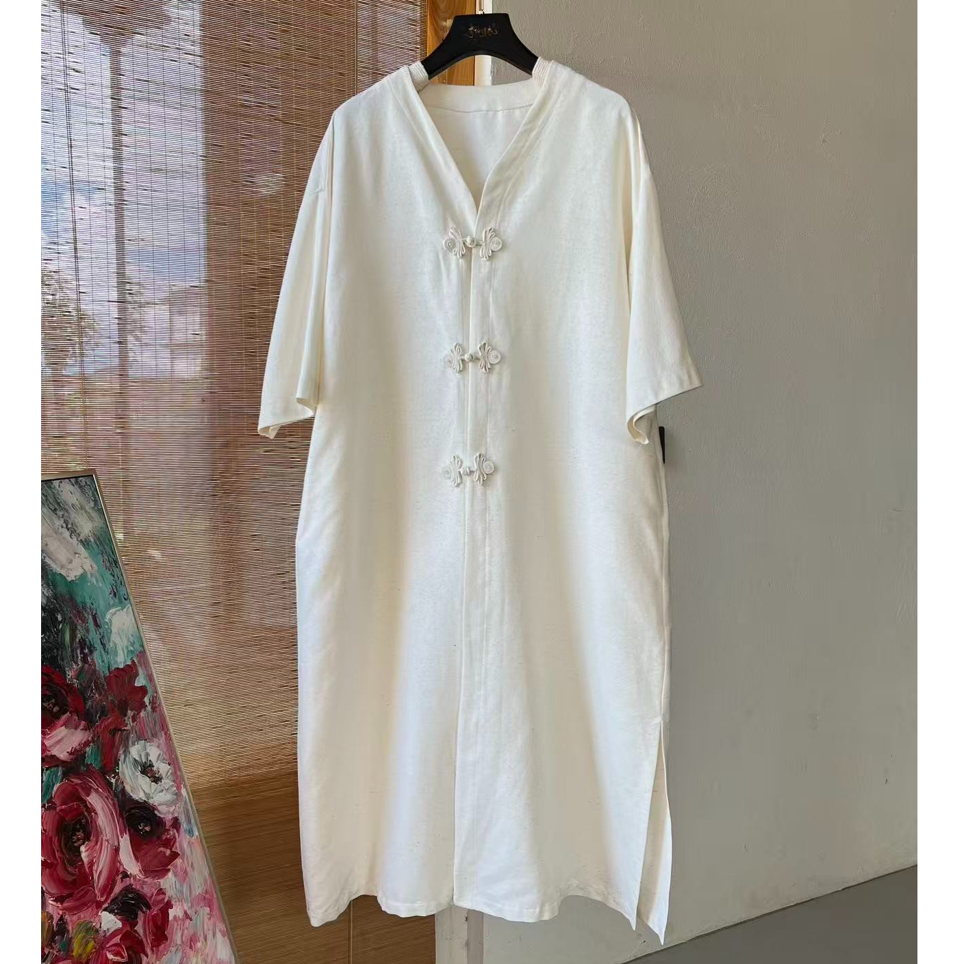  【以晴.高定】高端轻奢柞蚕丝本色老料春夏秋米白色中长款宽松外套