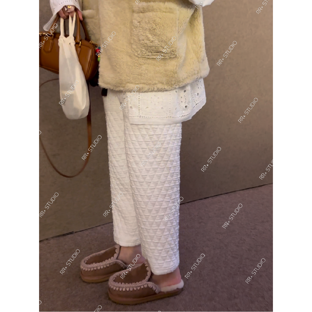 22658通勤个性菱格纹慵懒休闲裤女秋冬保暖宽松松紧腰直筒裤