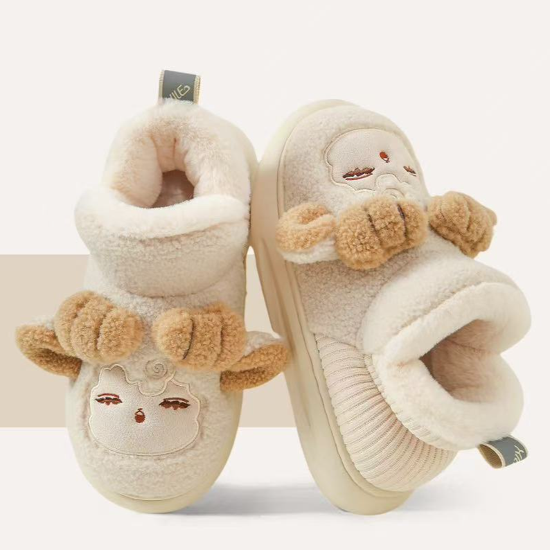 可爱小羊包跟毛绒棉鞋冬季室内居家保暖轻便情侣棉鞋软底加绒防滑