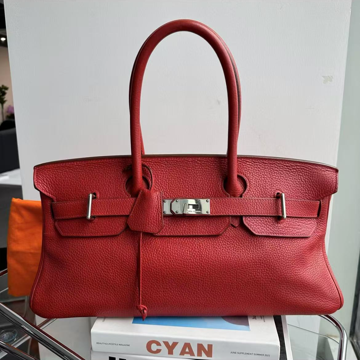 99新 Hermes/爱马仕 birkin shoulder 番茄红银扣 tc皮 框I刻