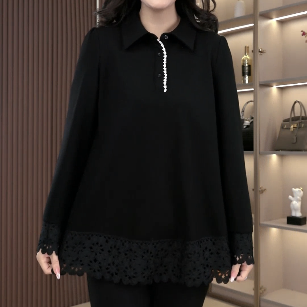 丹思慕大码女装新款黑色宽松蕾丝拼接收腰减龄上衣