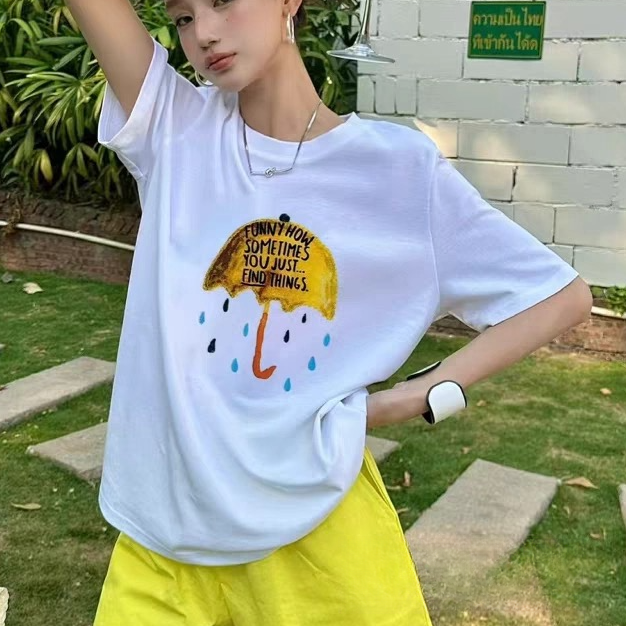 2653#2025夏新款时尚减龄百搭印花宽松显瘦洋气雨伞短袖T恤女上衣