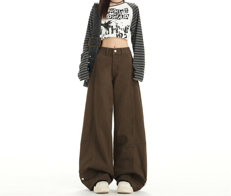 美拉德咖色裤子女2025秋冬新款工装风复古棕色宽松阔腿显瘦牛仔裤