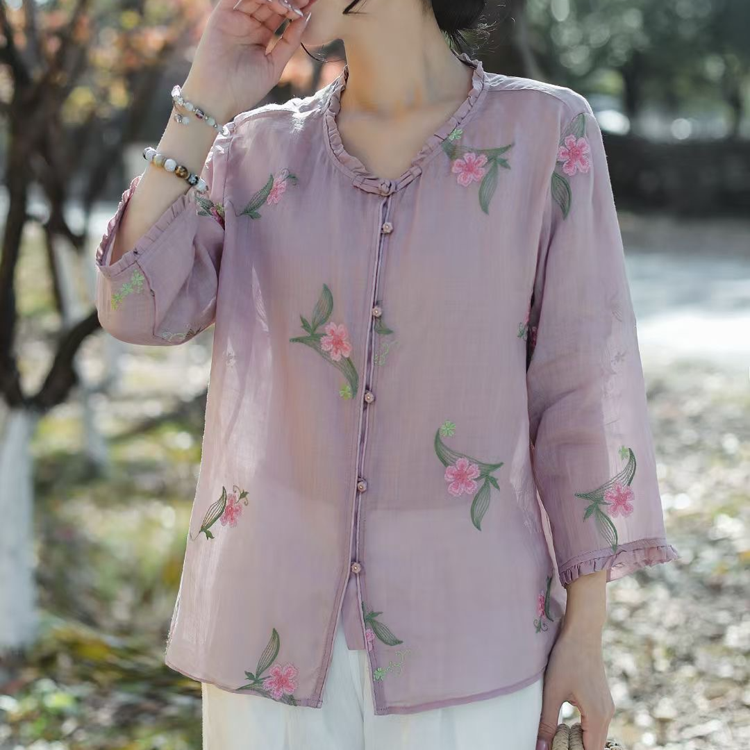 9065##春夏新品纯苎麻绣花文艺复古宽松上衣