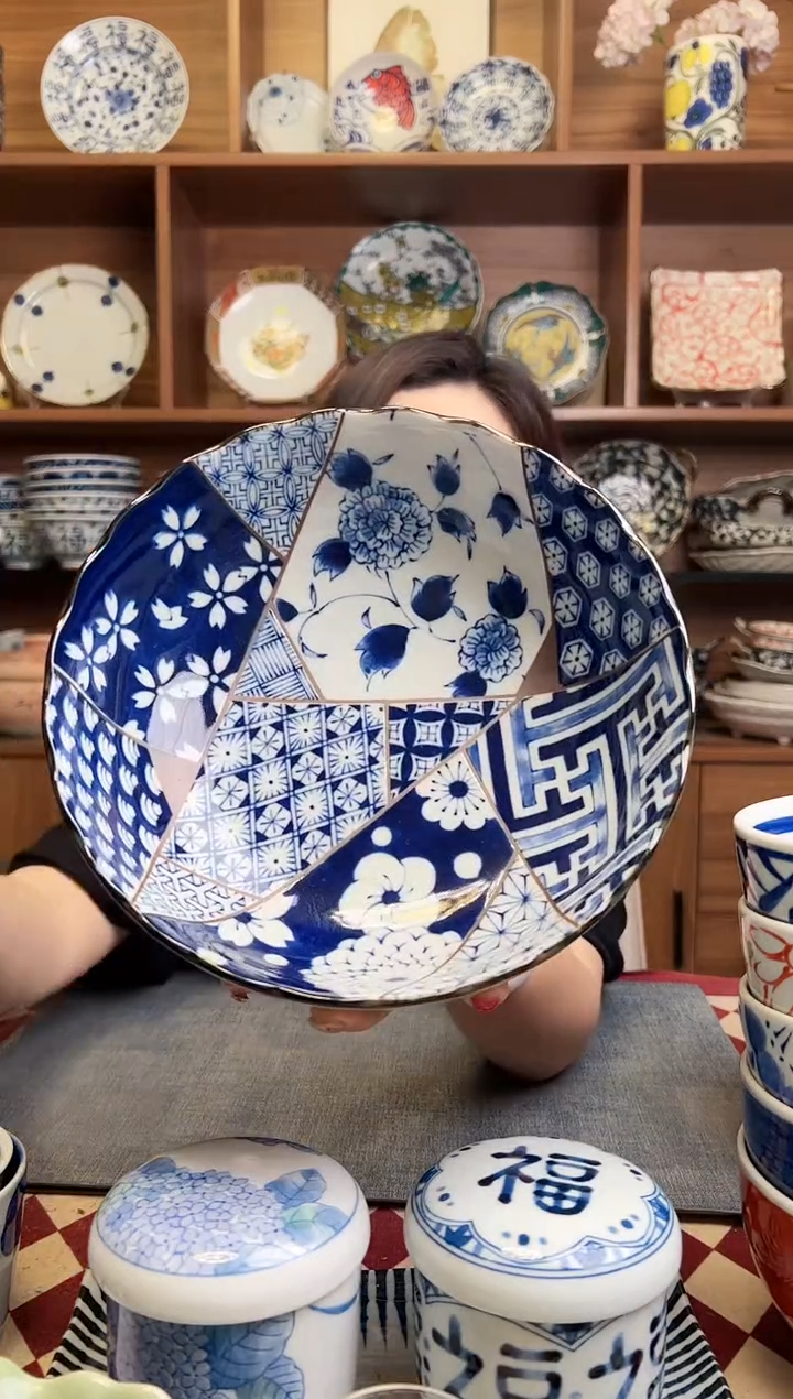 瓷片【微瑕】蓝友禅20.5cm菊型汤钵碗