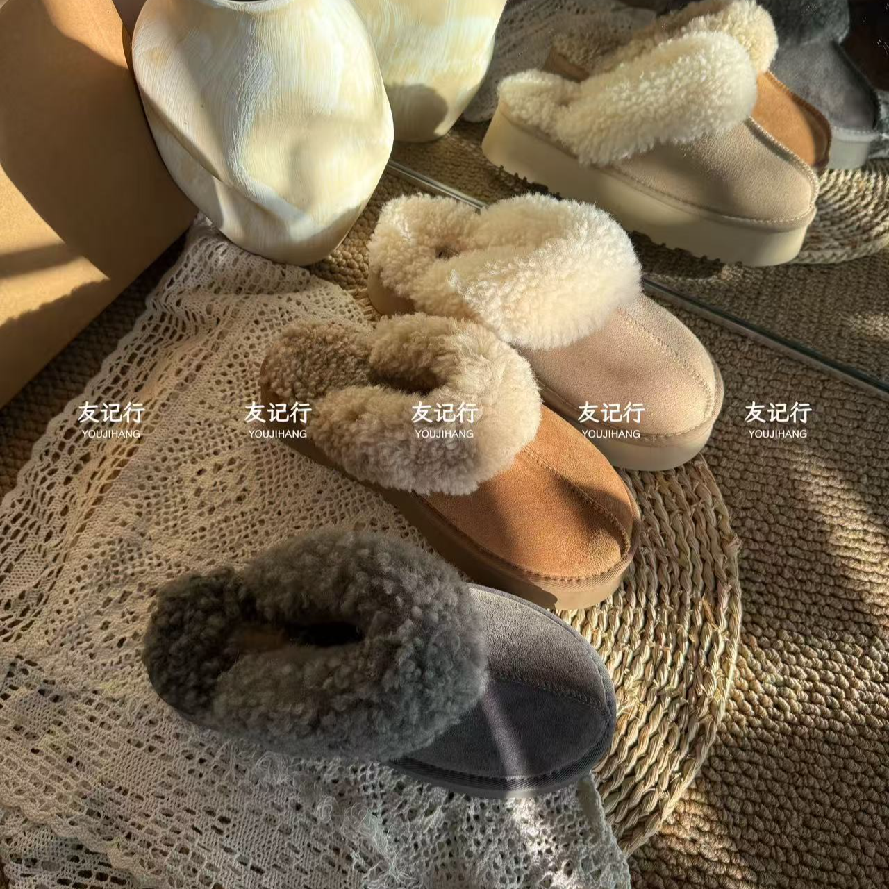 「友记」羊卷毛厚底羊皮毛一体半拖/包头新款时装