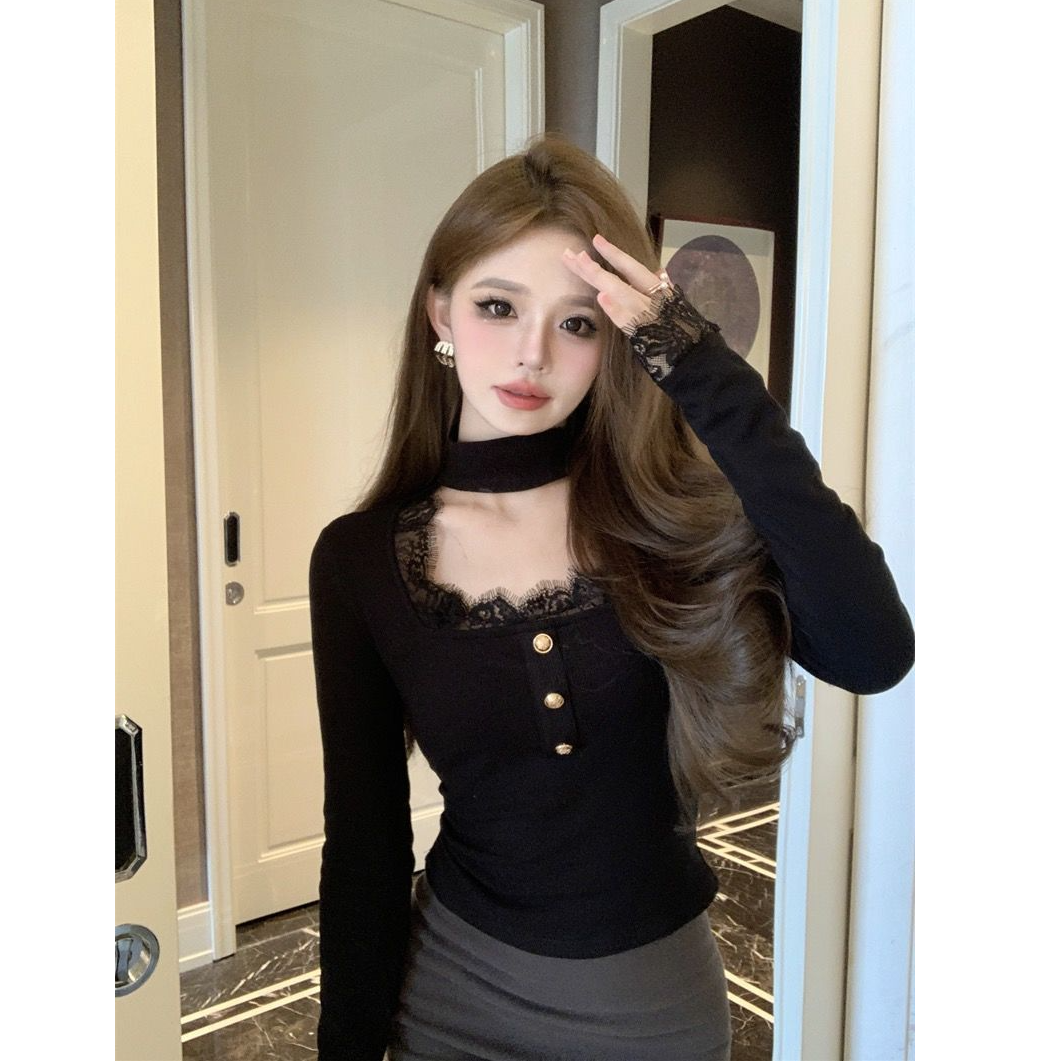 纯欲方领蕾丝拼接v领长袖t恤内搭抓绒打底衫女正肩修身上衣