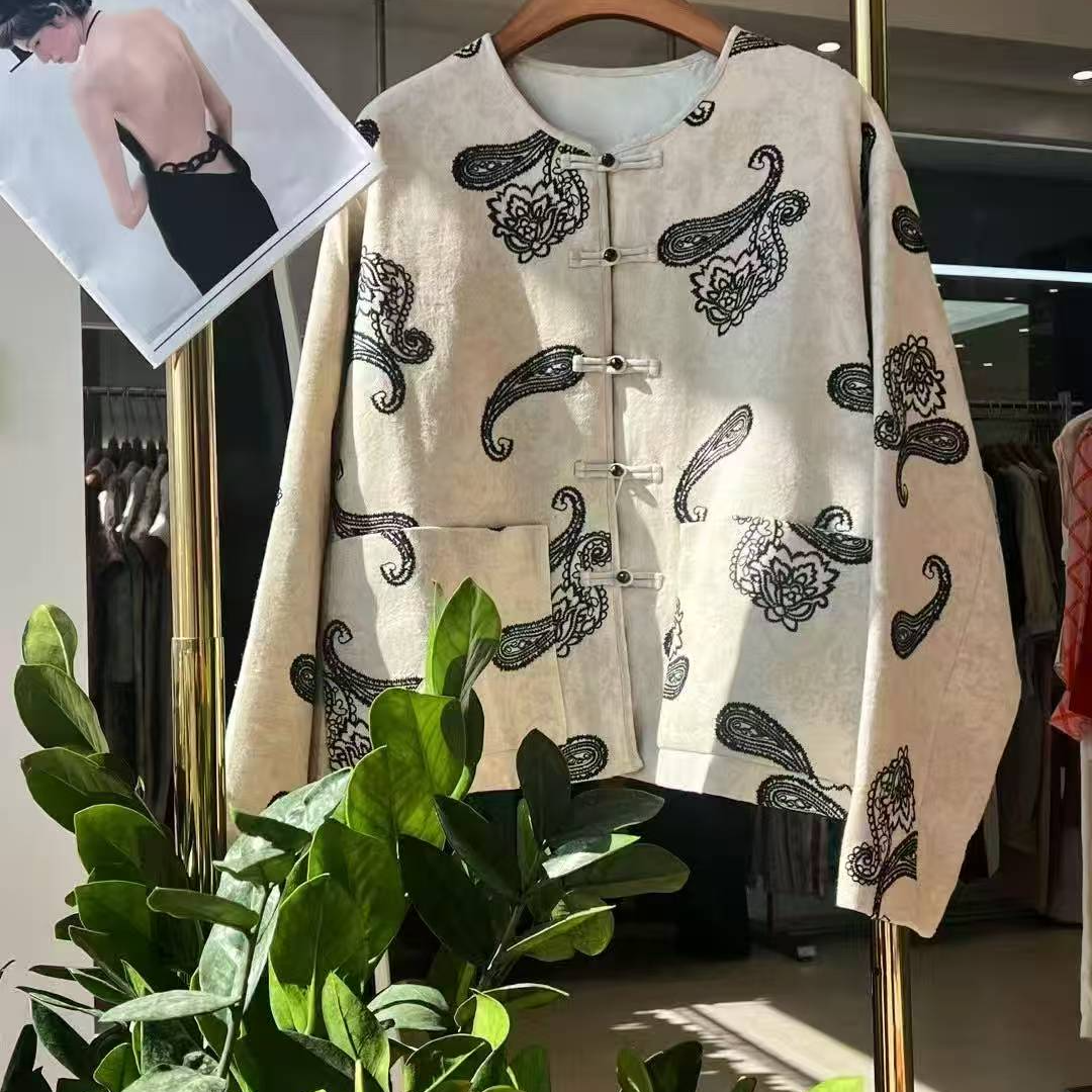 重工刺绣~新中式国风棉麻夹棉盘扣外套女秋冬款宽松落肩提花棉服