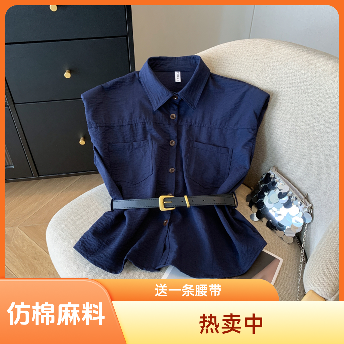 韩版复古收腰无袖衬衫不规则cleanfit风仿棉麻小香风POLO领小衫