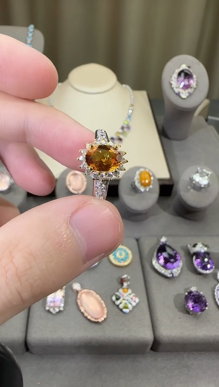 银S925镶嵌戒指黄晶10*8mm戒指设计款