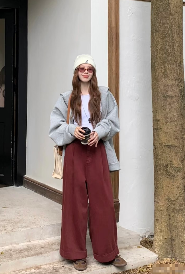 994-巨显瘦薄绒复古咖色休闲奶奶裤女秋冬高腰灯芯绒垂感阔腿裤