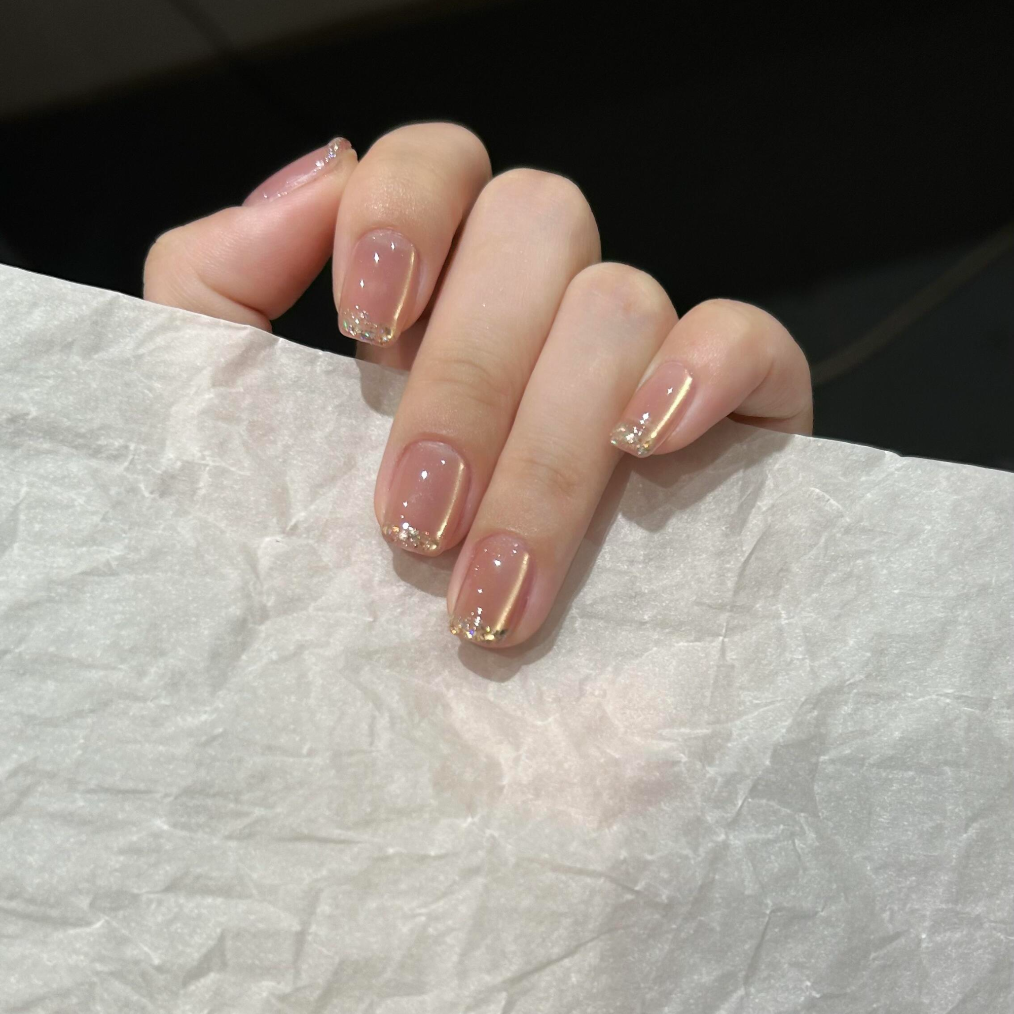 【法式碎金】裸色冰透猫眼美甲穿戴甲片短款法式溜边日常显白美甲