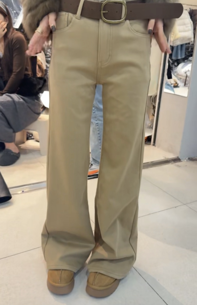 秋冬加绒新款卡其色刺绣直筒裤#310