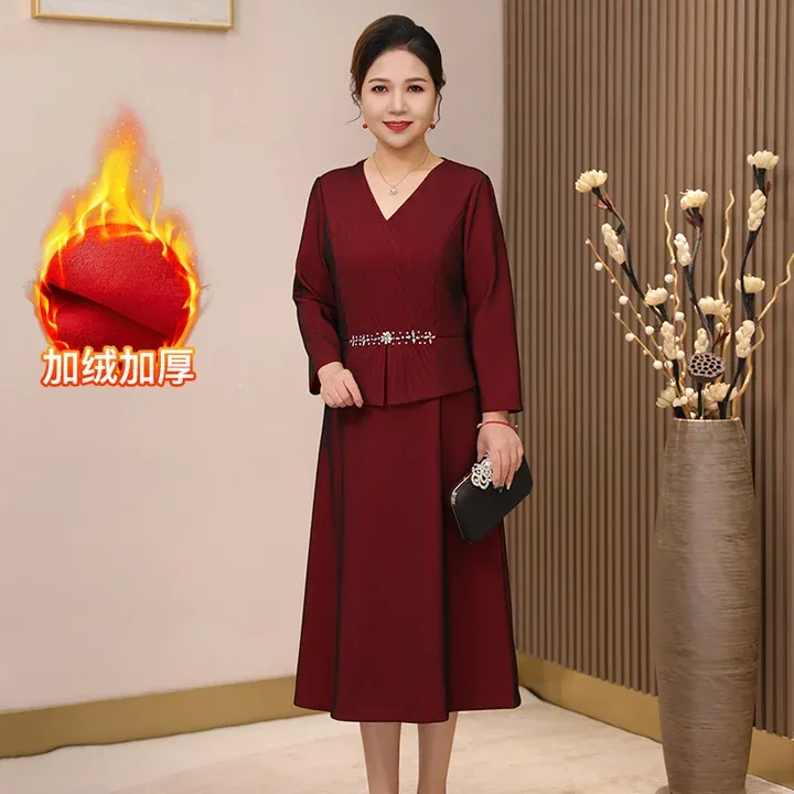 喜妈妈婚宴礼服高端轻奢高级感喜婆婆敬酒礼服洋气秋冬加绒连衣裙