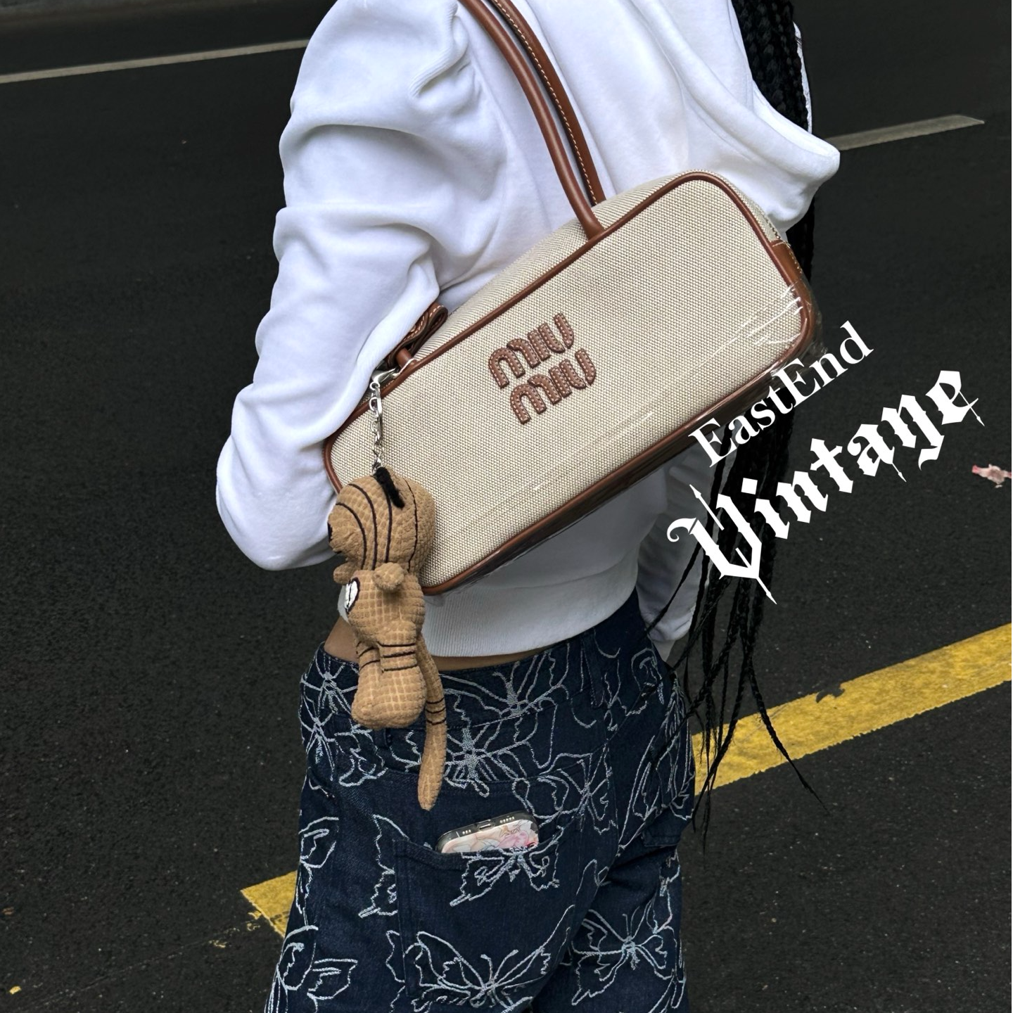 95新 MIU MIU/缪缪 東区-米色拼皮法棍公文单肩包/84808