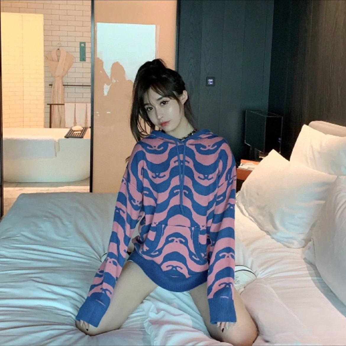 未使用 Chanel/香奈儿 满印连帽针织卫衣 蓝粉/40