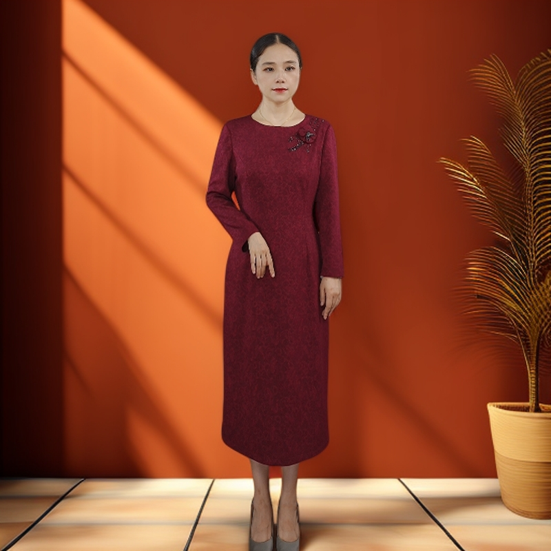 5018秋季连衣裙新款修身气质洋气长袖妈妈装高贵礼服旗袍打底裙