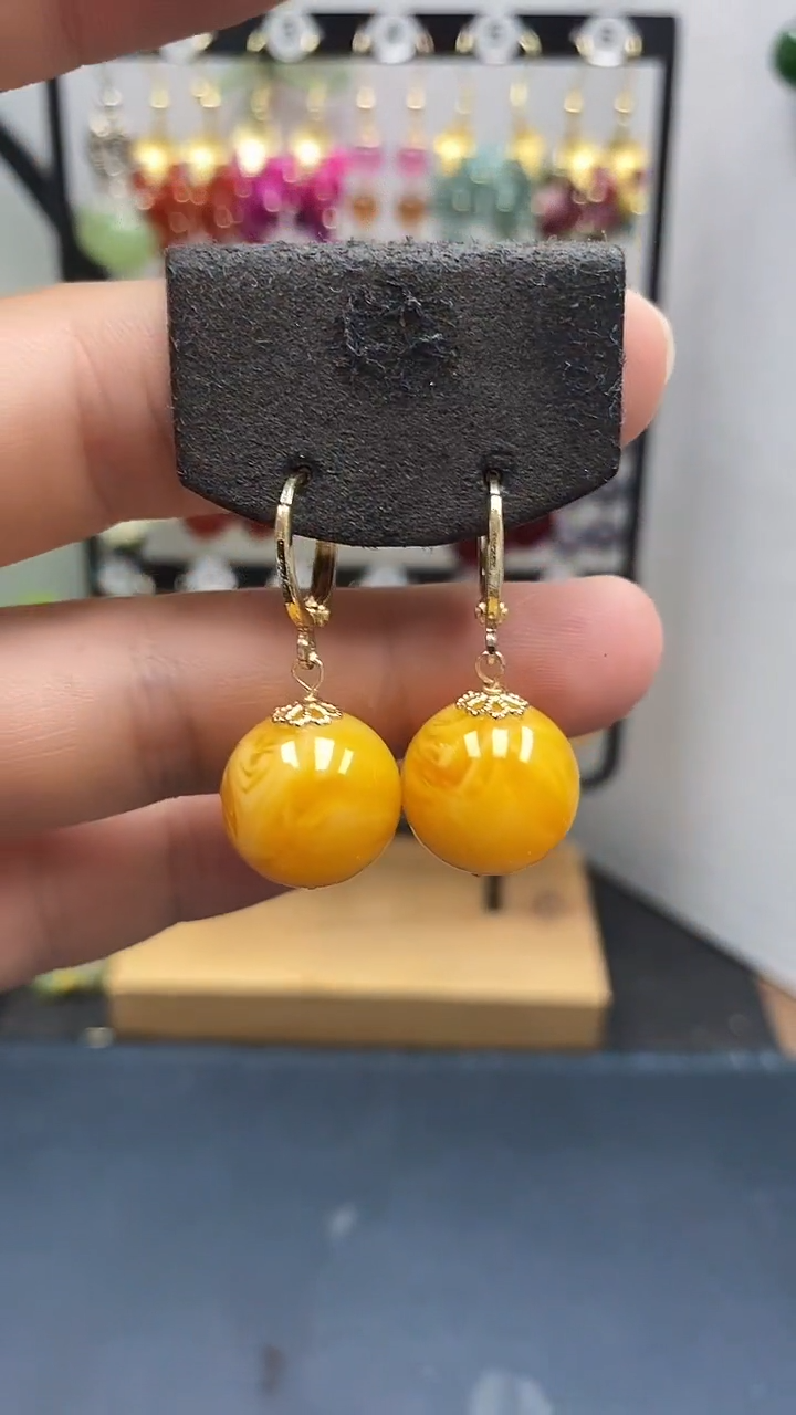 蜜蜡银S925镀金镶嵌耳饰尺寸16mm耳扣06
