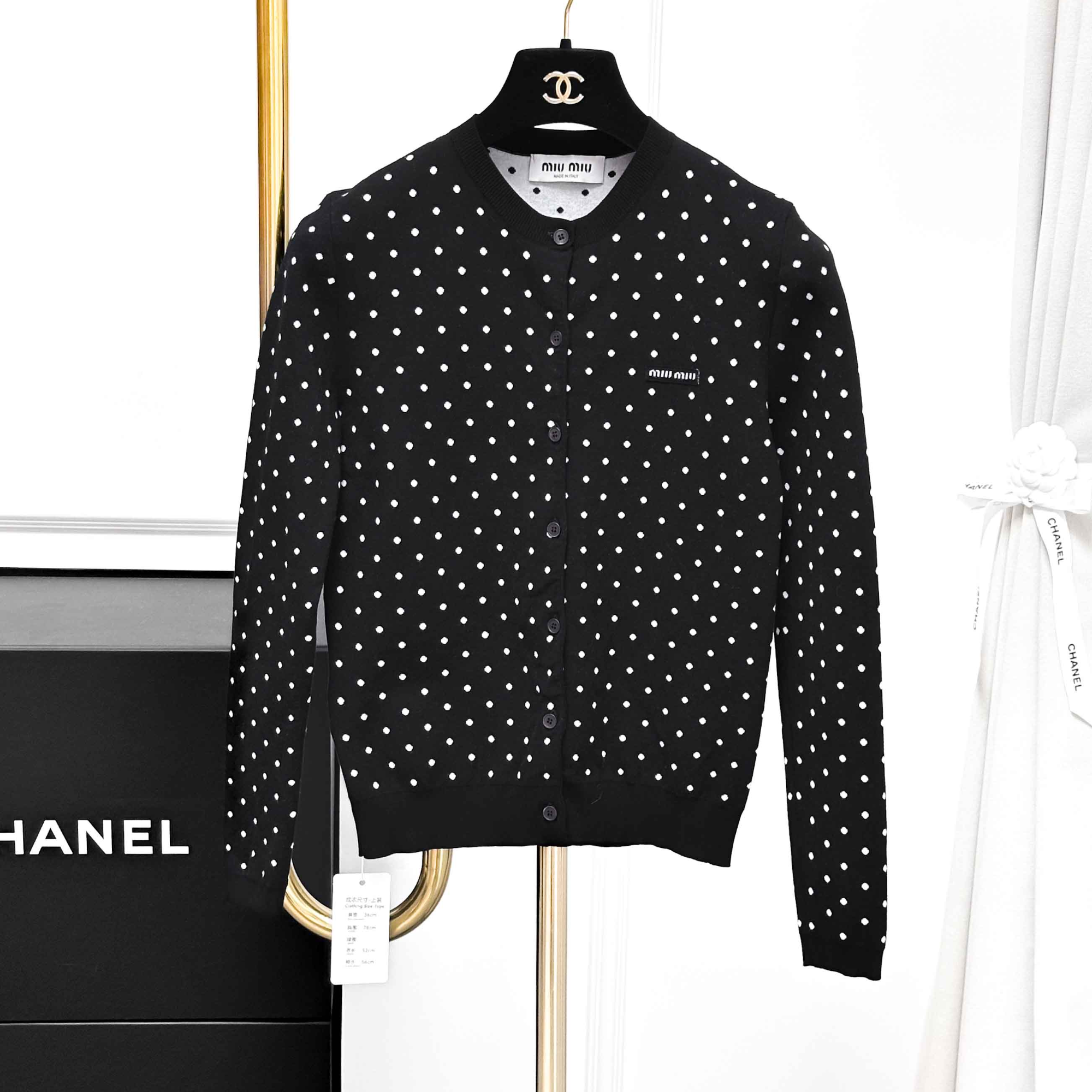 99新 MIU MIU/缪缪 38码黑白拼色波点针织长袖开衫外套