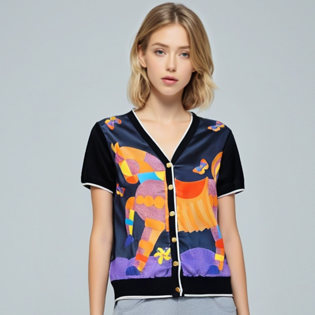 “特洛伊”桑蚕丝印花上衣欧货针织手工缝盘拼接短袖开衫外套2025夏