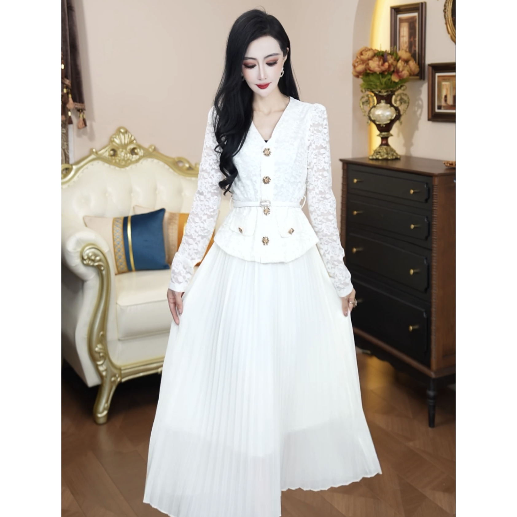 春季新款法式百褶轻熟风时尚高腰气质连衣裙2558