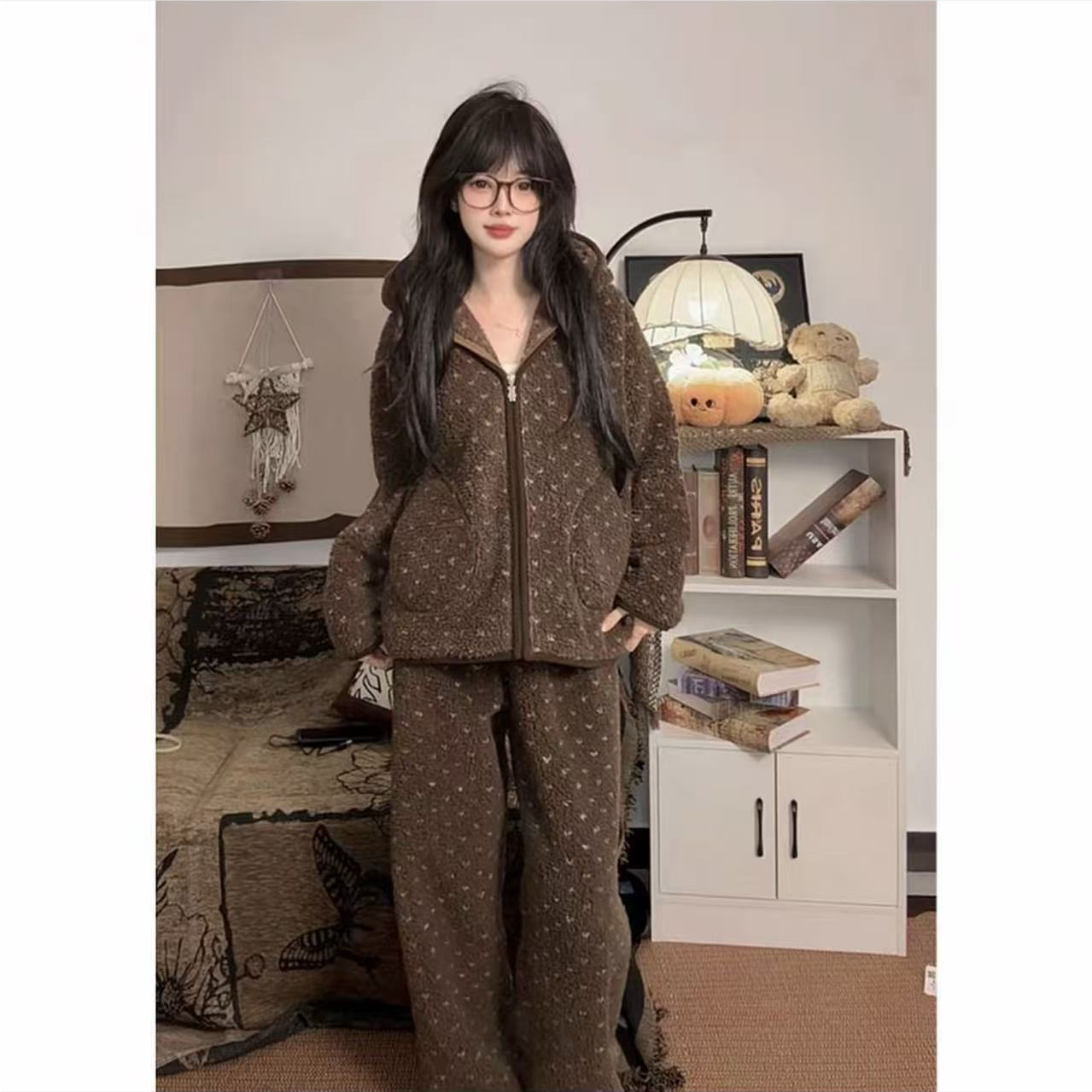 2025棕色波点羊羔毛绒拉链连帽外套女冬季加绒加厚保暖可家居外穿