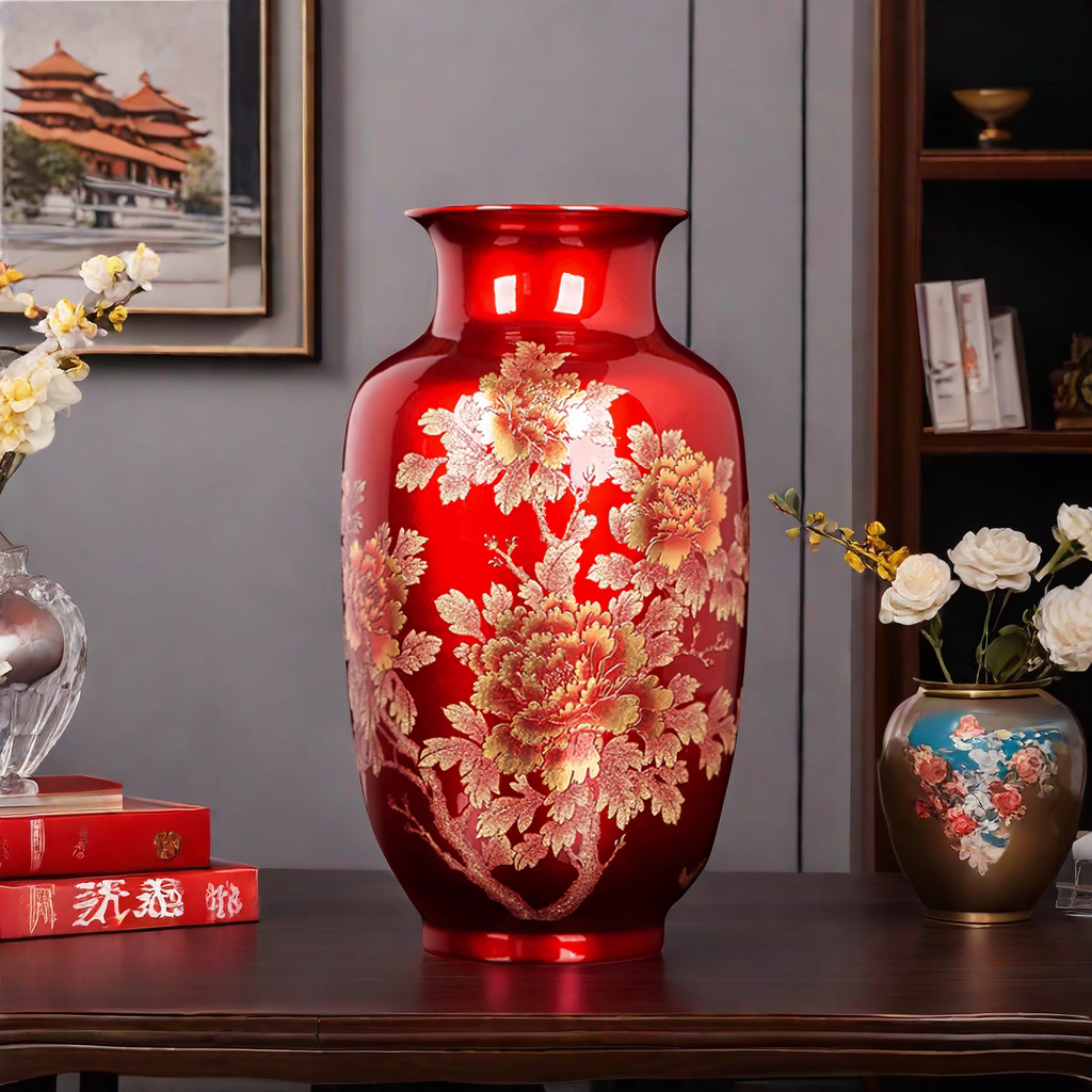 （高度33cm）景德镇陶瓷花瓶中国水晶釉红金沙大冬瓜瓶