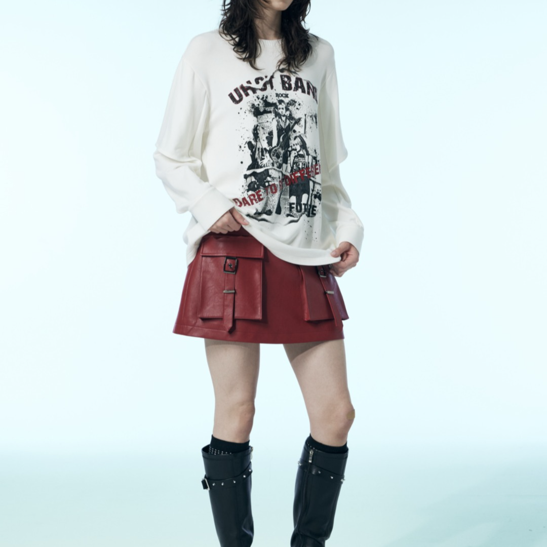 uhot诱货25秋冬时尚设计师款红色大口袋皮裙UWWW6Q198