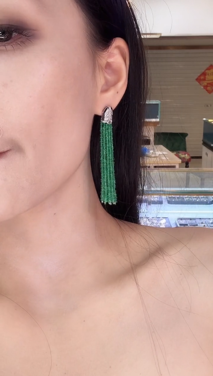 铂Pt950镶嵌耳环祖母绿祖母绿流苏耳环57062