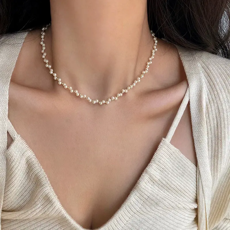 铜合金仿珍珠项链  藤蔓锁骨链精致百搭法式复古时尚轻奢