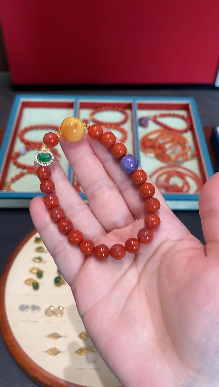 颈饰银S925镀金镶嵌南红玛瑙手串