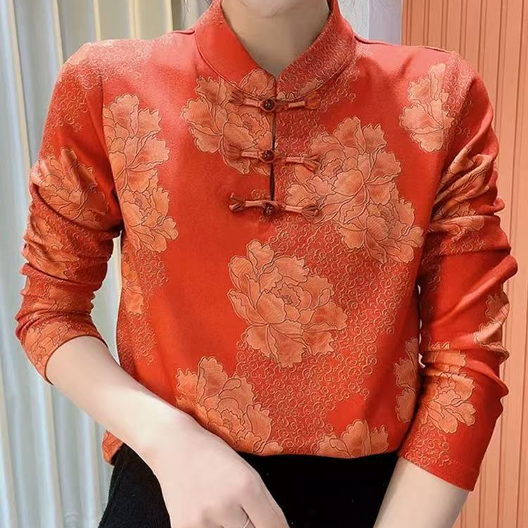 新年款富贵牡丹花新中式加绒打底衫国风盘扣