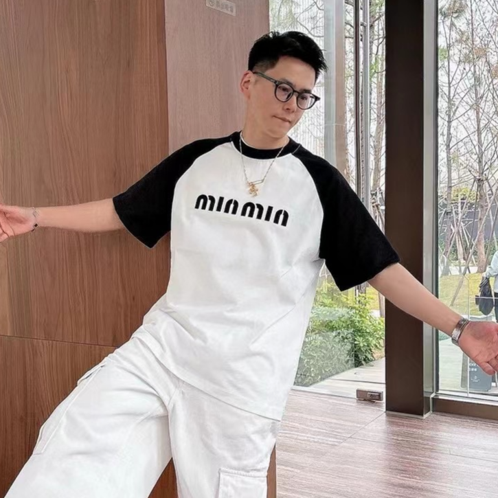 春季新款男士短袖T恤高级感拼接刺绣潮牌短袖休闲时尚圆领1067