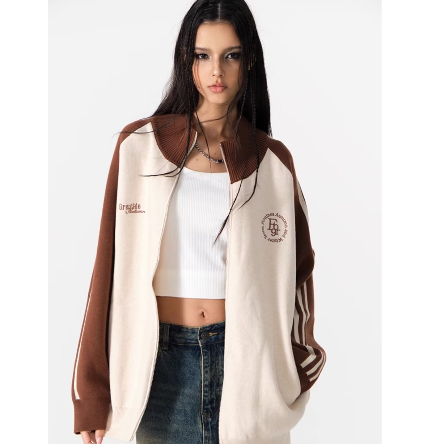 男装美式复古插肩条纹条杠撞色立领卫衣男女春秋宽松休闲外套