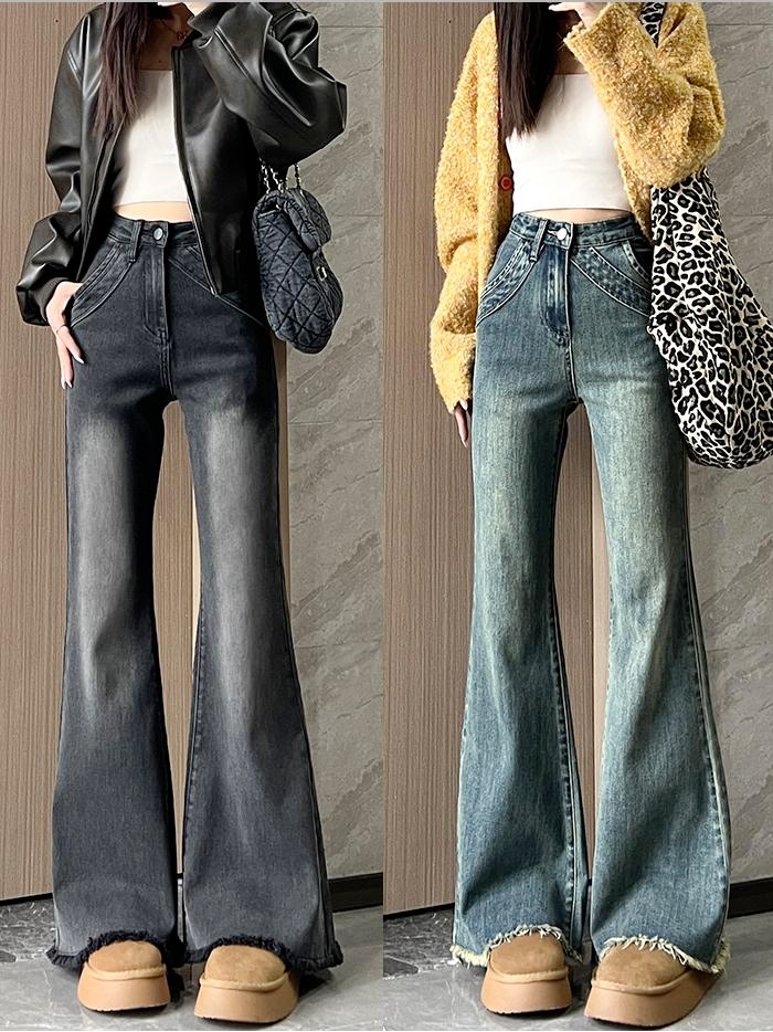 2025新款美式复古牛仔小个子女宽松显瘦微喇裤