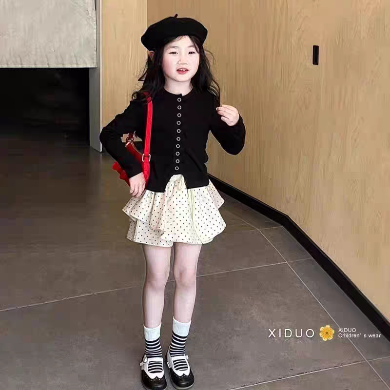 现货！2025秋季新款套装童装韩版童装纯色开衫百搭假两件波点半裙