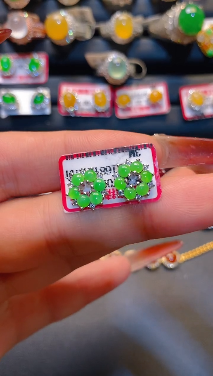 翡翠银S925镶嵌耳饰天然